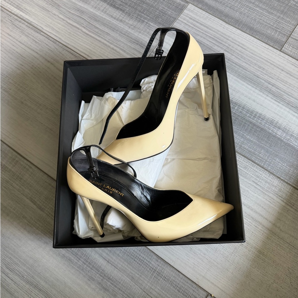 Saint Laurent Cream Patent Leather Pointed-Toe Slingbacks with Black Trim